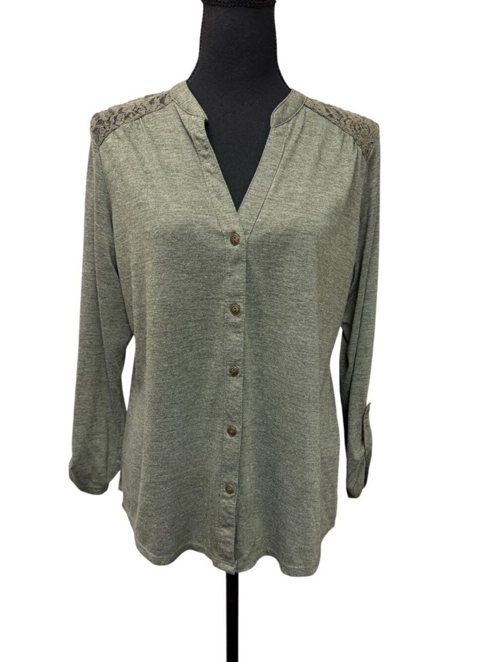 Maurices XL Sage Green Lace Back Button Front Blouse Boho Roll Tab Top - Picture 2 of 9